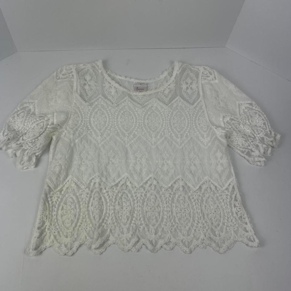 Luna White Lace Cropped Blouse Puff Sleeve Cottage Whimsical Romantic Sz Sm